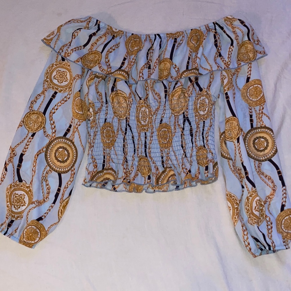 Blue and gold flare crop top